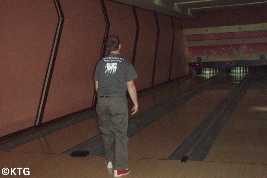 KTG traveller at the Bowling Alley at the Yanggakdo Hotel, Pyongyang, North Korea