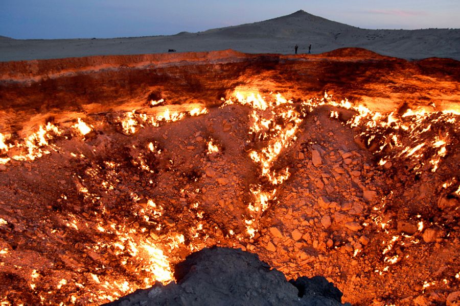 Close up views of the Darwaza crater in the Karakum desert in Turkmenistan