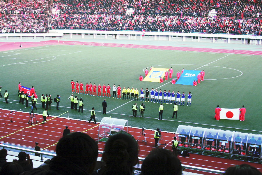 Line-ups at the FIFA World Cup qualifying match between North Korea (DPRK) and Japan in 2011. DPRK won this match 1-0