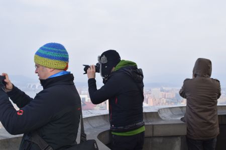 KTG travellers atop the Juche Tower on our Kim Jong Il Birthday Tour