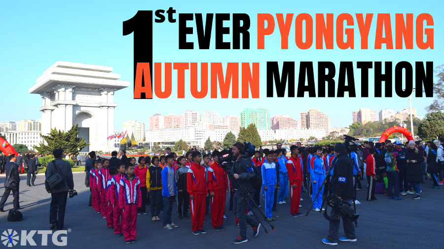 Foreign press and Korean athletes at the opening ceremony of the first ever Pyongyang Autumn Marathon, North Korea capital of the DPRK. Trip arranged by KTG Tours