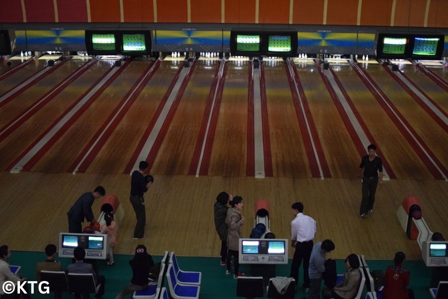 Lanes with North Koreans bowling at the Pyongyang Gold Lane Bowling Alley in North Korea