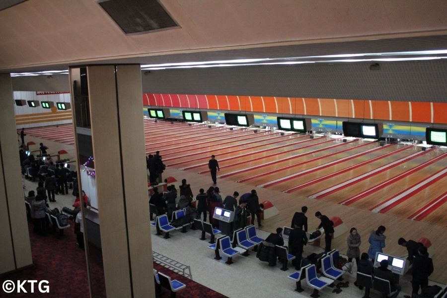 View of many of the lanes at the Gold Lane Bowling Alley in Pyongyang, Capital of North Korea. Tour arranged by KTG tours