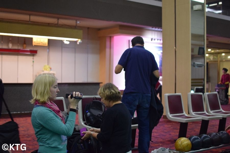 KTG traveller recording at the Gold Lane Bowling Alley in Pyongyang, Capital of North Korea. Tour arranged by KTG tours