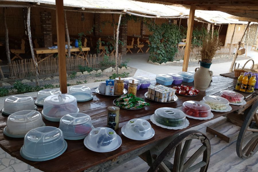 breakfast at the Darwaza Yurt Camp in Turkmenistan