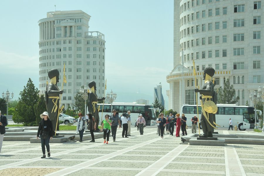 Statues of soldiers in independence square in Ashgabat, Turkmenistan. Tours with KTG