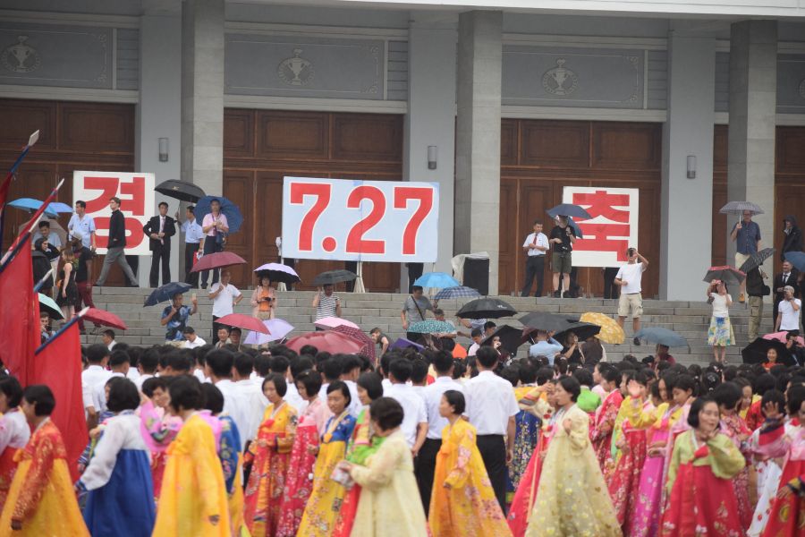 Victory Day celebrations in Pyongyang, North Korea. Mass dances in the DPRK. Trip arranged by KTG Tours